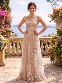 Cap Sleeves Stand Collar Tulle Long Mother of the Bride/Groom Dresses