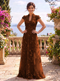 Cap Sleeves Stand Collar Tulle Long Mother of the Bride/Groom Dresses