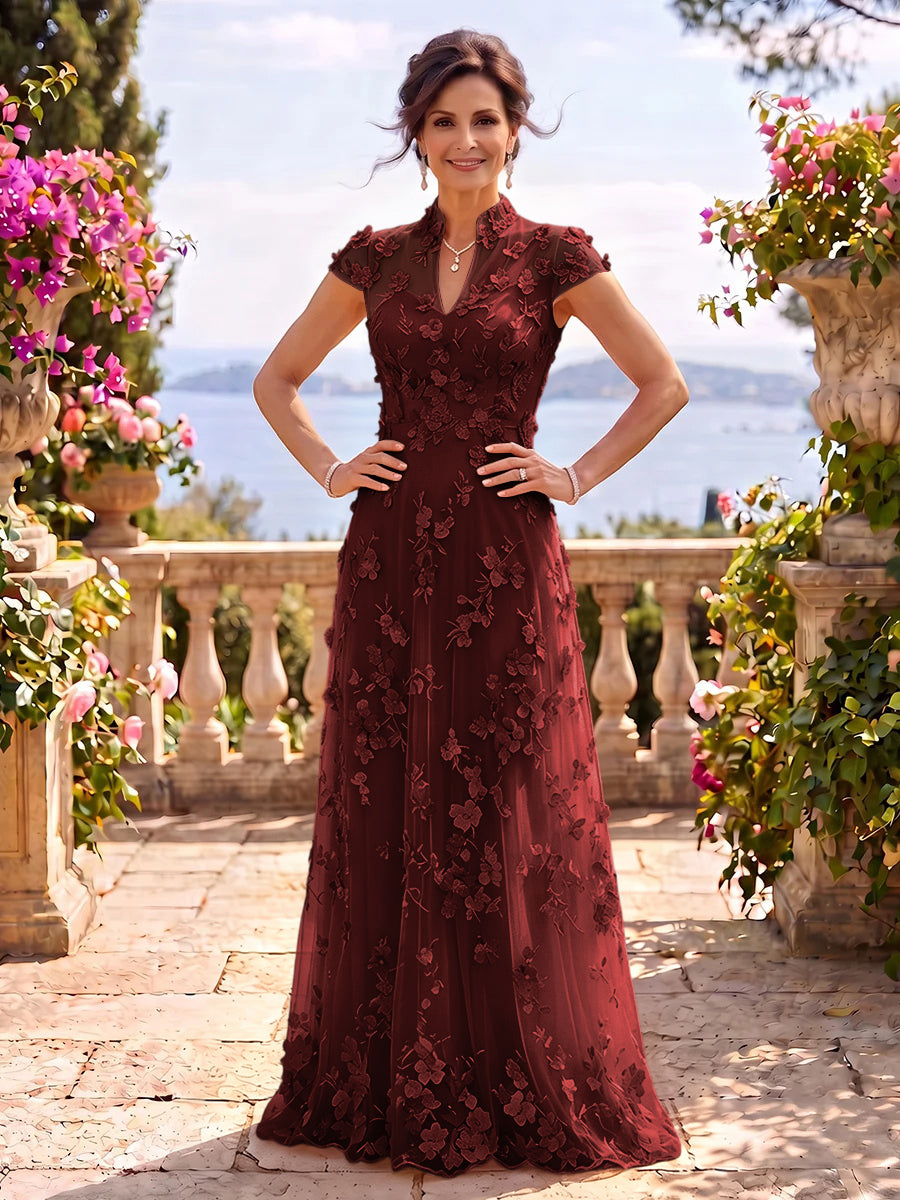 Cap Sleeves Stand Collar Tulle Long Mother of the Bride/Groom Dresses