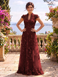 Cap Sleeves Stand Collar Tulle Long Mother of the Bride/Groom Dresses