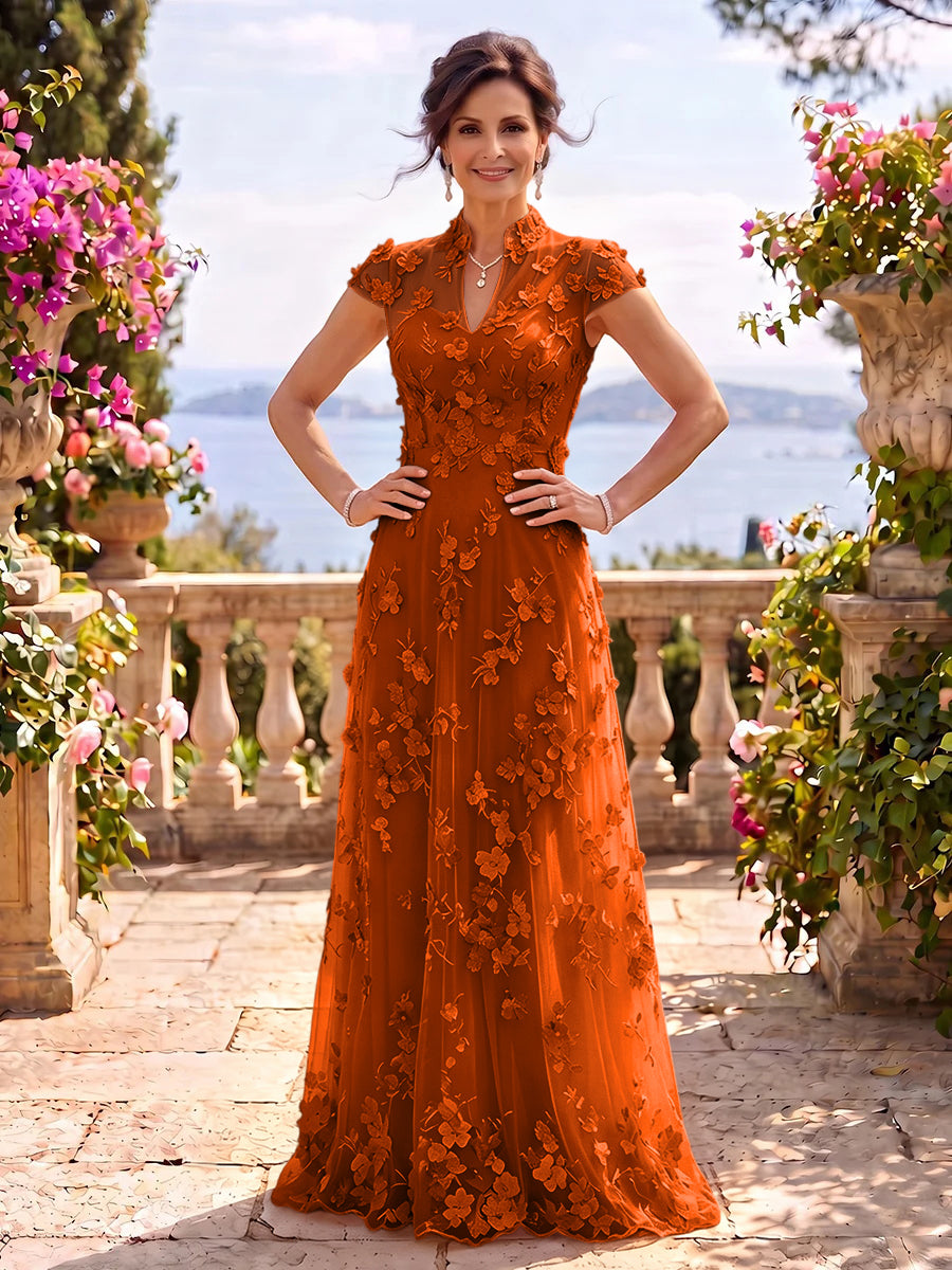 Cap Sleeves Stand Collar Tulle Long Mother of the Bride/Groom Dresses