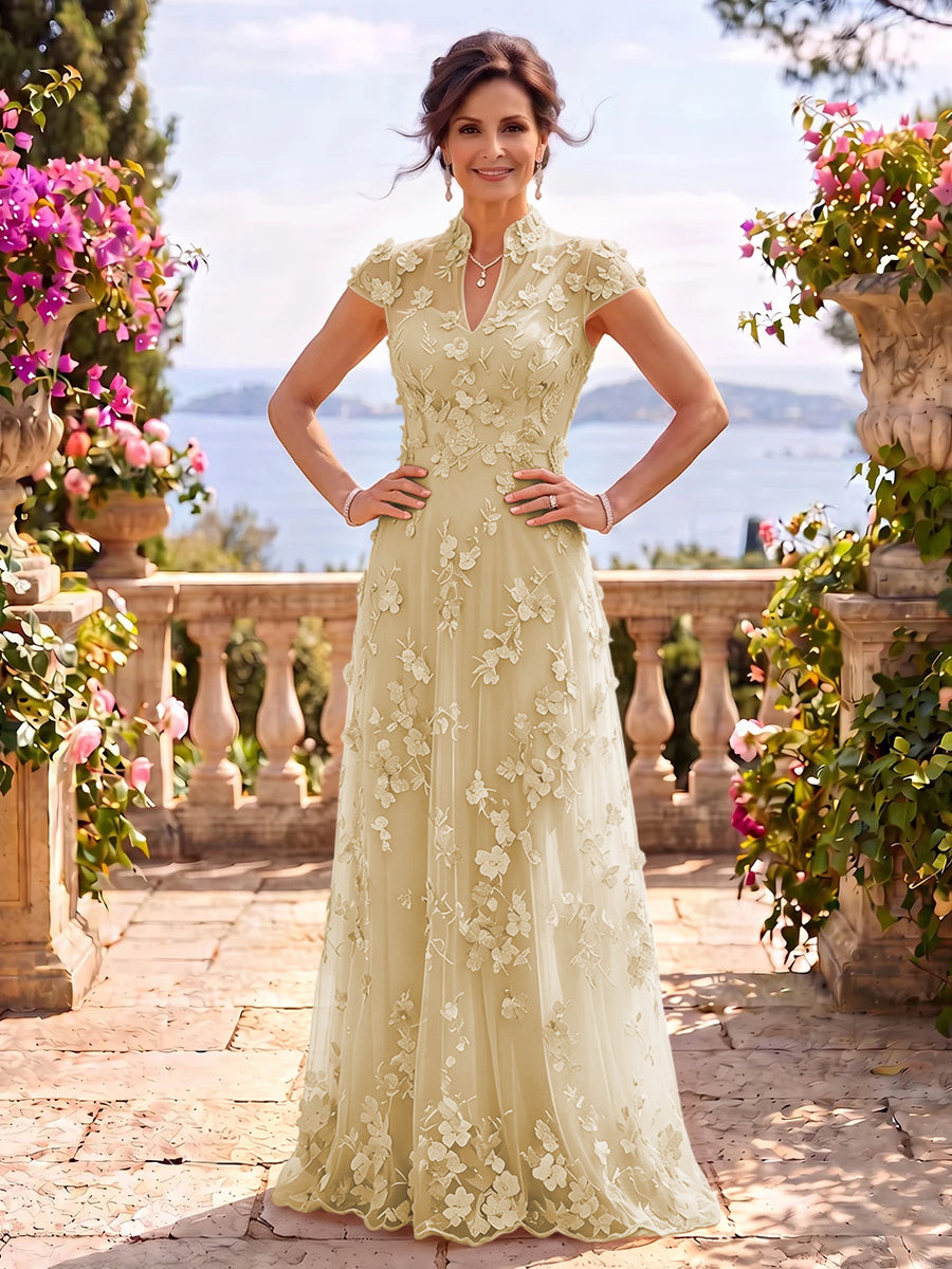 Cap Sleeves Stand Collar Tulle Long Mother of the Bride/Groom Dresses