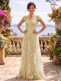 Cap Sleeves Stand Collar Tulle Long Mother of the Bride/Groom Dresses