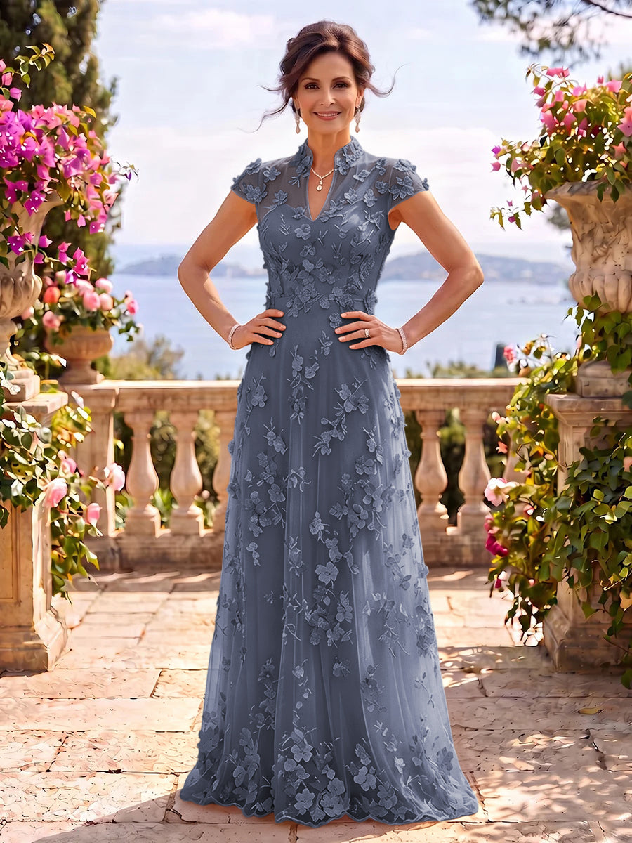 Cap Sleeves Stand Collar Tulle Long Mother of the Bride/Groom Dresses