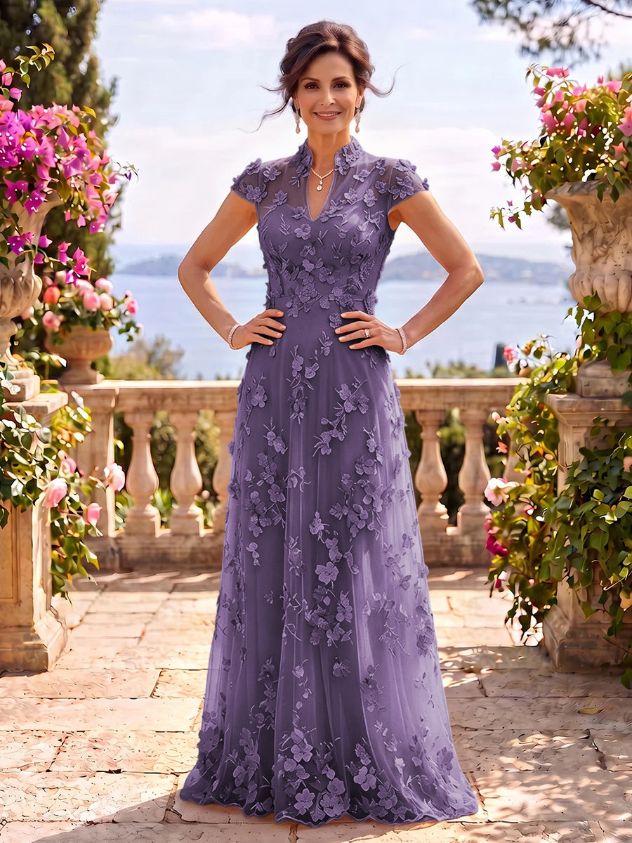 Cap Sleeves Stand Collar Tulle Long Mother of the Bride/Groom Dresses