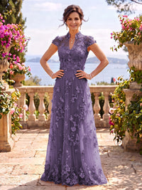 Cap Sleeves Stand Collar Tulle Long Mother of the Bride/Groom Dresses