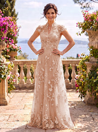 Cap Sleeves Stand Collar Tulle Long Mother of the Bride/Groom Dresses
