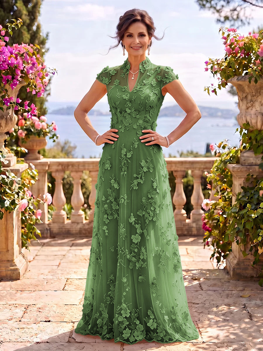 Cap Sleeves Stand Collar Tulle Long Mother of the Bride/Groom Dresses