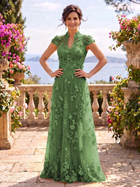 Cap Sleeves Stand Collar Tulle Long Mother of the Bride/Groom Dresses