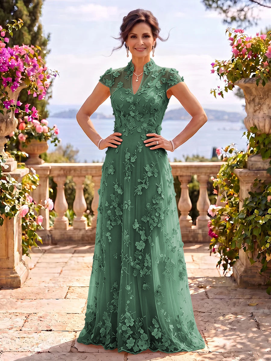 Cap Sleeves Stand Collar Tulle Long Mother of the Bride/Groom Dresses