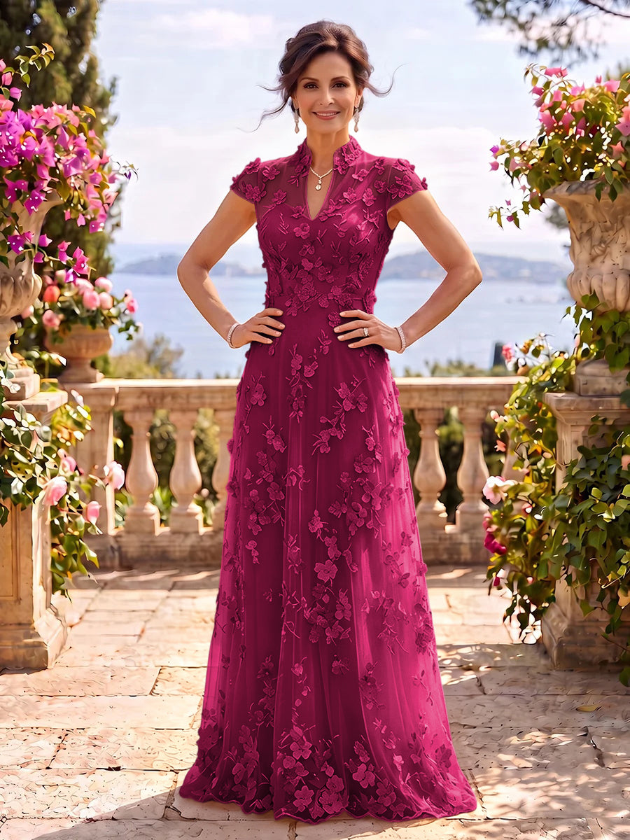Cap Sleeves Stand Collar Tulle Long Mother of the Bride/Groom Dresses