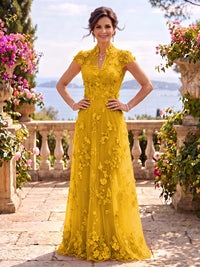 Cap Sleeves Stand Collar Tulle Long Mother of the Bride/Groom Dresses