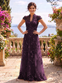 Cap Sleeves Stand Collar Tulle Long Mother of the Bride/Groom Dresses