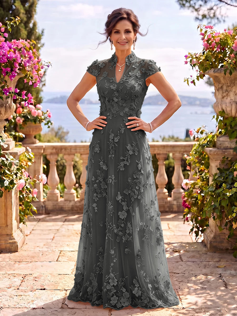 Cap Sleeves Stand Collar Tulle Long Mother of the Bride/Groom Dresses