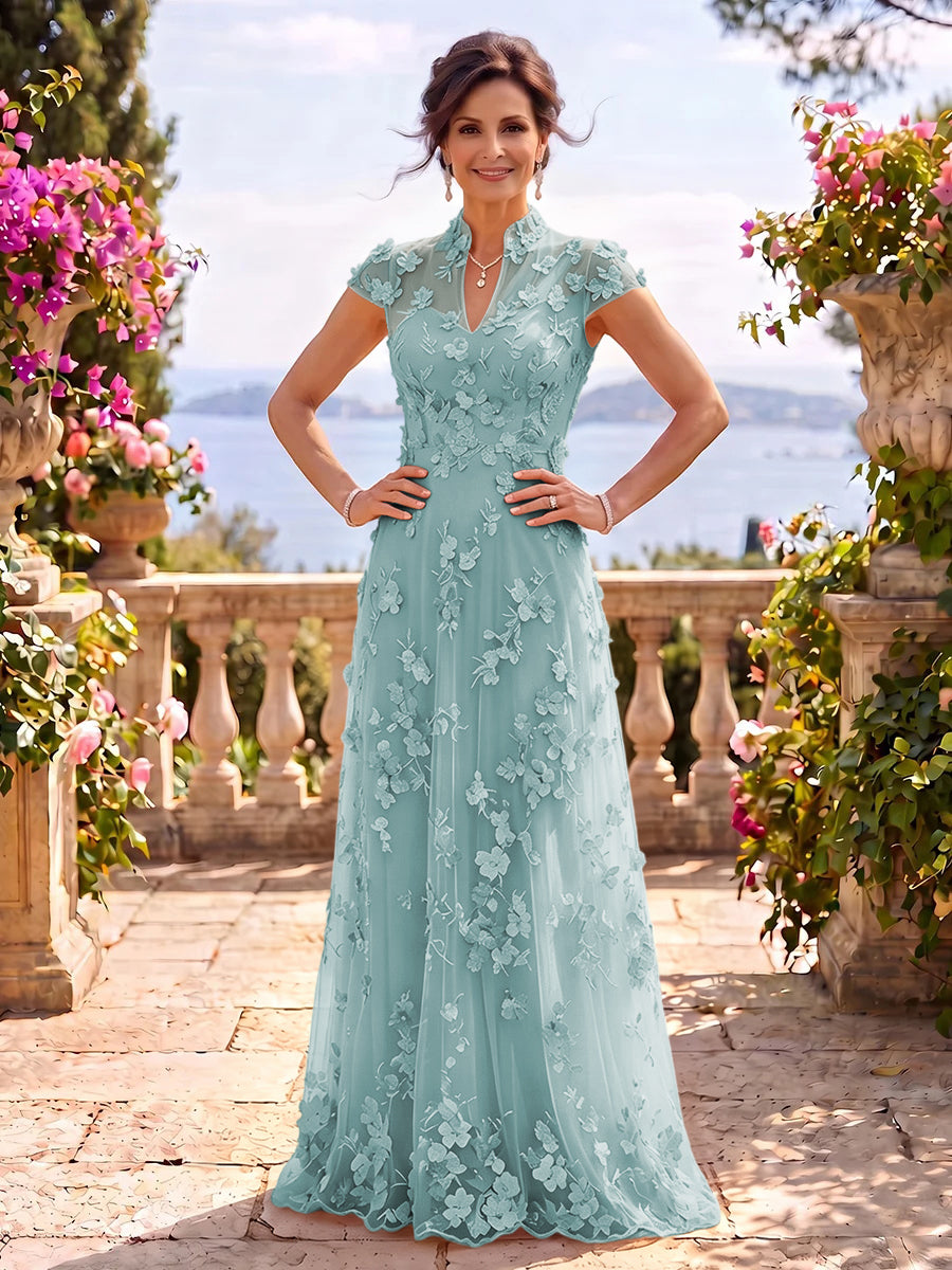 Cap Sleeves Stand Collar Tulle Long Mother of the Bride/Groom Dresses