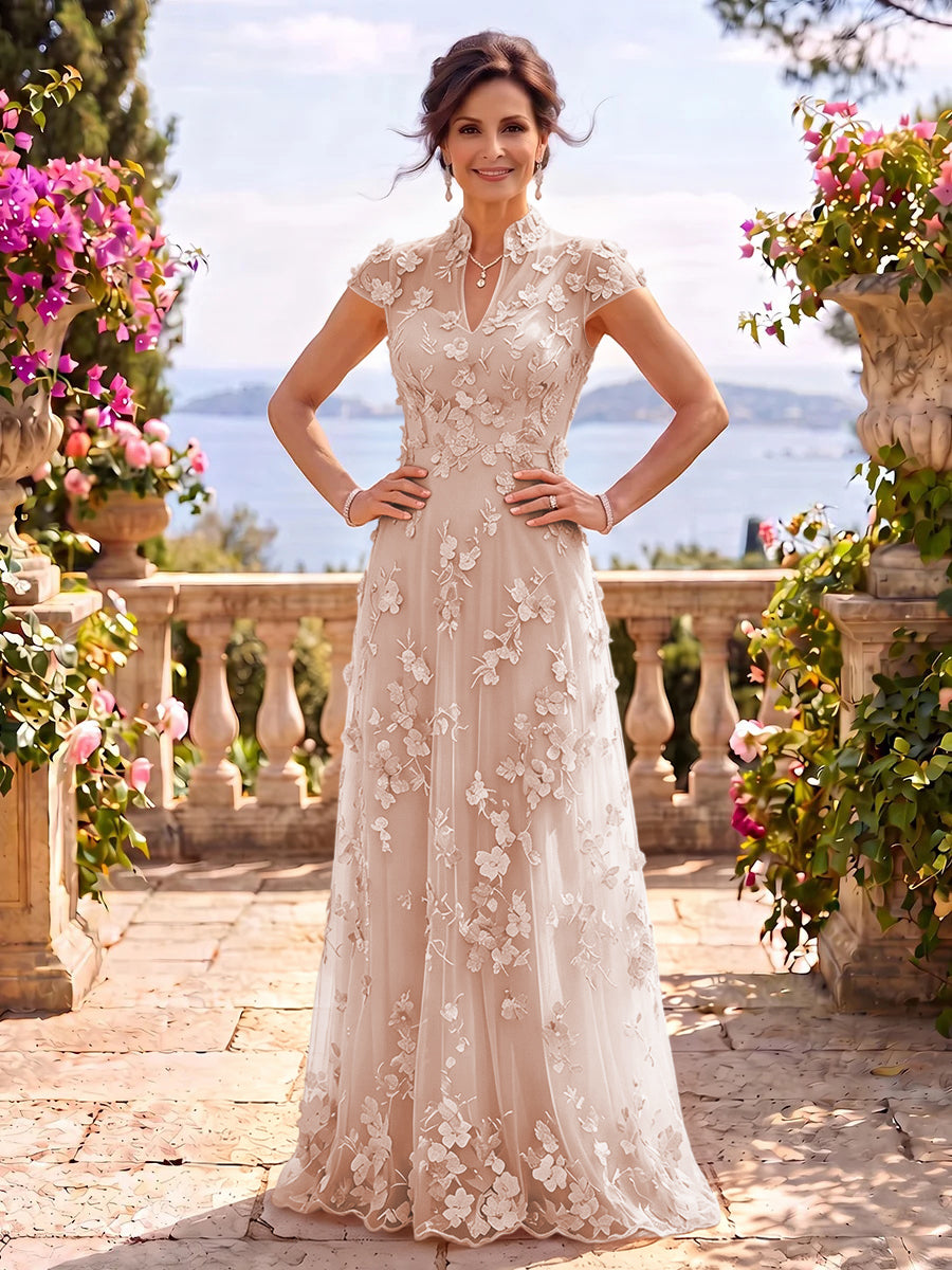 Cap Sleeves Stand Collar Tulle Long Mother of the Bride/Groom Dresses