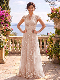 Cap Sleeves Stand Collar Tulle Long Mother of the Bride/Groom Dresses