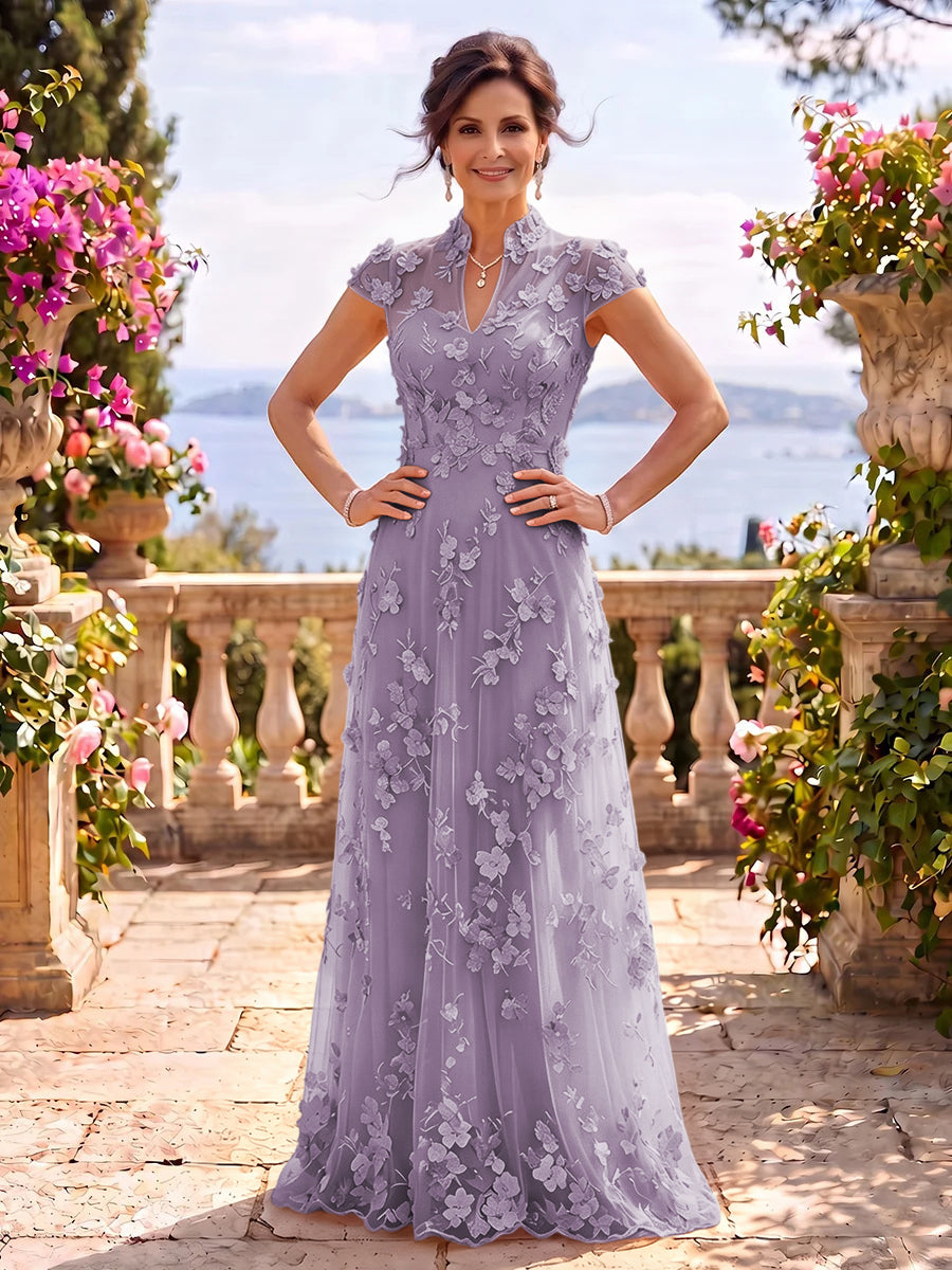 Cap Sleeves Stand Collar Tulle Long Mother of the Bride/Groom Dresses