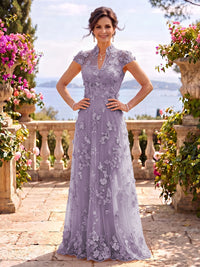 Cap Sleeves Stand Collar Tulle Long Mother of the Bride/Groom Dresses
