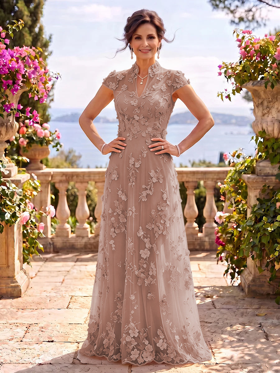 Cap Sleeves Stand Collar Tulle Long Mother of the Bride/Groom Dresses