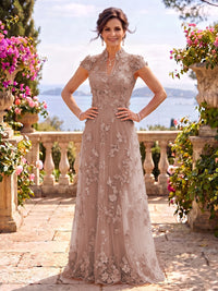 Cap Sleeves Stand Collar Tulle Long Mother of the Bride/Groom Dresses