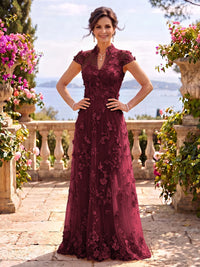 Cap Sleeves Stand Collar Tulle Long Mother of the Bride/Groom Dresses