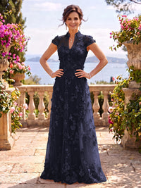 Cap Sleeves Stand Collar Tulle Long Mother of the Bride/Groom Dresses