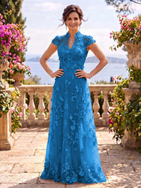 Cap Sleeves Stand Collar Tulle Long Mother of the Bride/Groom Dresses