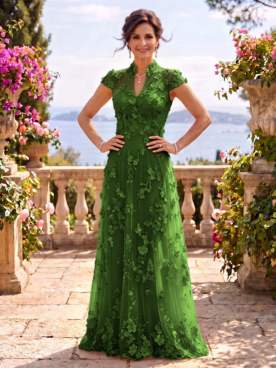 Cap Sleeves Stand Collar Tulle Long Mother of the Bride/Groom Dresses