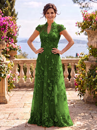 Cap Sleeves Stand Collar Tulle Long Mother of the Bride/Groom Dresses
