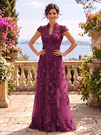 Cap Sleeves Stand Collar Tulle Long Mother of the Bride/Groom Dresses