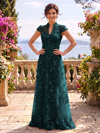 Cap Sleeves Stand Collar Tulle Long Mother of the Bride/Groom Dresses