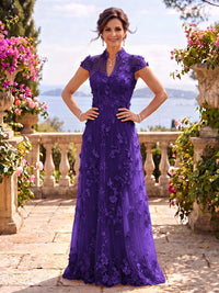Cap Sleeves Stand Collar Tulle Long Mother of the Bride/Groom Dresses