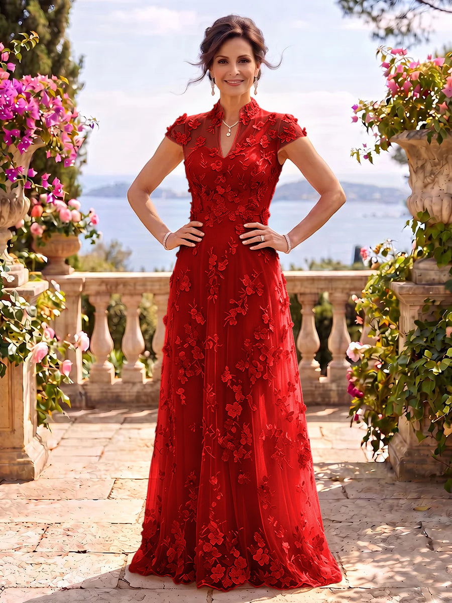Cap Sleeves Stand Collar Tulle Long Mother of the Bride/Groom Dresses