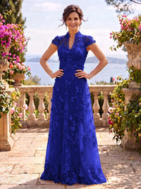 Cap Sleeves Stand Collar Tulle Long Mother of the Bride/Groom Dresses