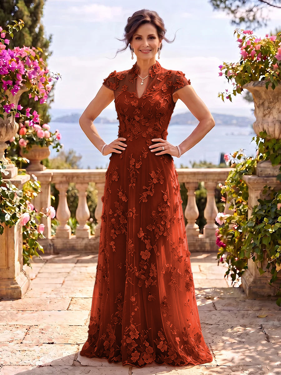 Cap Sleeves Stand Collar Tulle Long Mother of the Bride/Groom Dresses