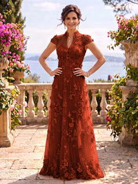 Cap Sleeves Stand Collar Tulle Long Mother of the Bride/Groom Dresses