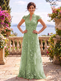Cap Sleeves Stand Collar Tulle Long Mother of the Bride/Groom Dresses