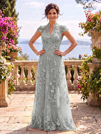 Cap Sleeves Stand Collar Tulle Long Mother of the Bride/Groom Dresses