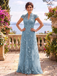 Cap Sleeves Stand Collar Tulle Long Mother of the Bride/Groom Dresses