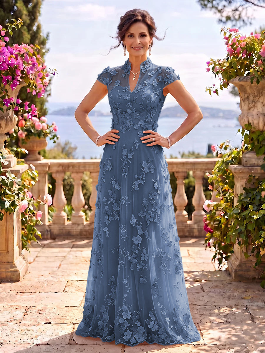 Cap Sleeves Stand Collar Tulle Long Mother of the Bride/Groom Dresses
