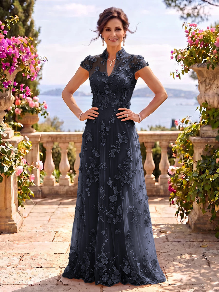 Cap Sleeves Stand Collar Tulle Long Mother of the Bride/Groom Dresses