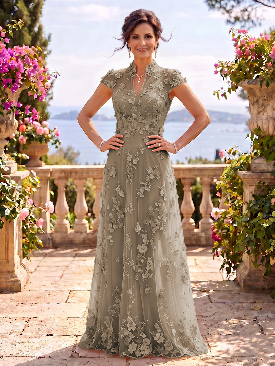 Cap Sleeves Stand Collar Tulle Long Mother of the Bride/Groom Dresses