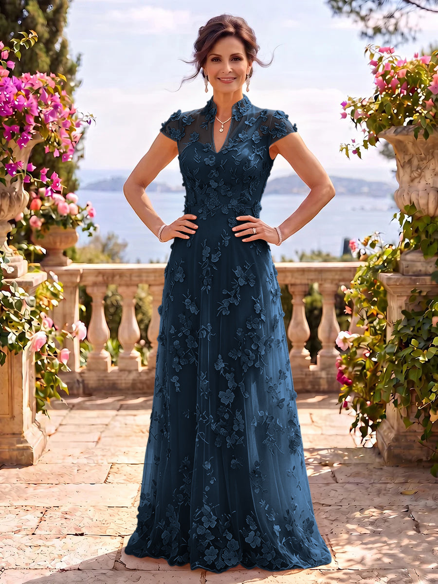 Cap Sleeves Stand Collar Tulle Long Mother of the Bride/Groom Dresses