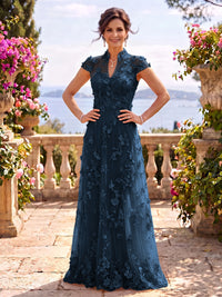 Cap Sleeves Stand Collar Tulle Long Mother of the Bride/Groom Dresses