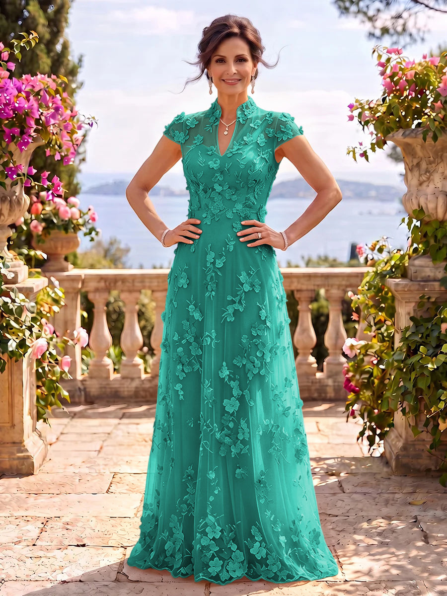 Cap Sleeves Stand Collar Tulle Long Mother of the Bride/Groom Dresses