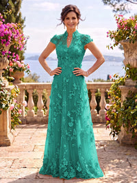 Cap Sleeves Stand Collar Tulle Long Mother of the Bride/Groom Dresses