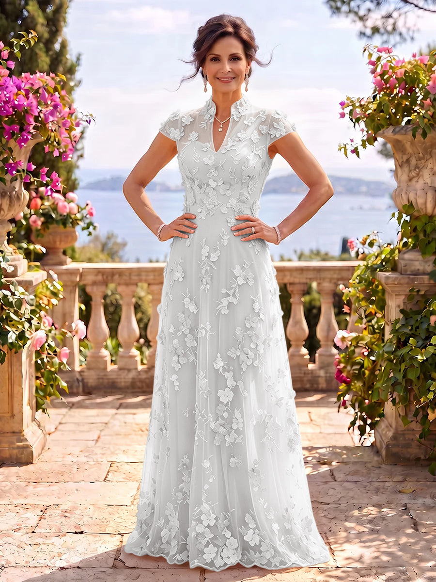 Cap Sleeves Stand Collar Tulle Long Mother of the Bride/Groom Dresses
