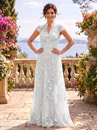 Cap Sleeves Stand Collar Tulle Long Mother of the Bride/Groom Dresses