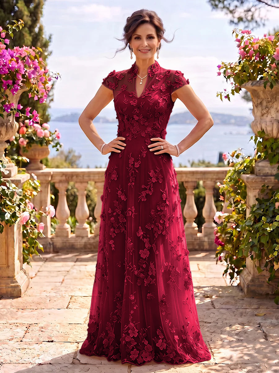 Cap Sleeves Stand Collar Tulle Long Mother of the Bride/Groom Dresses